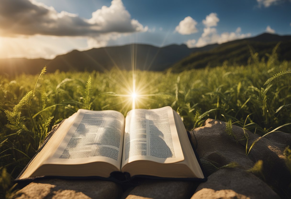 A beam of light shining down from the heavens onto an open Bible, surrounded by peaceful nature