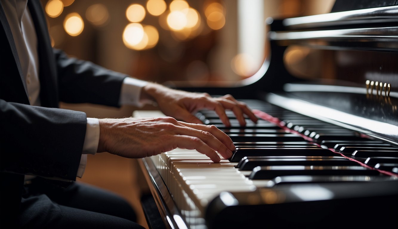 A pair of hands positioned on a piano keyboard, fingers placed on the keys in a precise and deliberate manner, indicating the importance of hand position and finger placement in successful piano playing