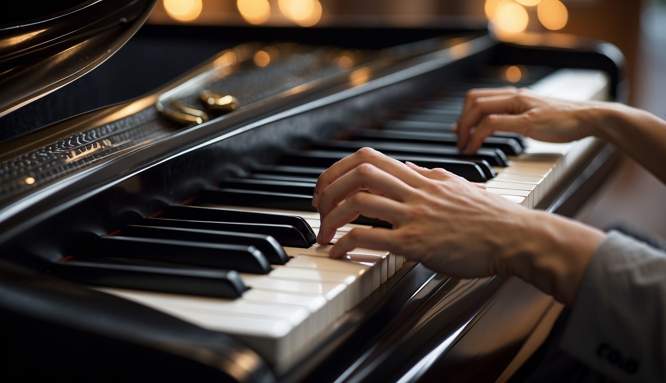 Hands positioned on piano keys, fingers curved and resting lightly. Thumbs placed under the palm, ready to play