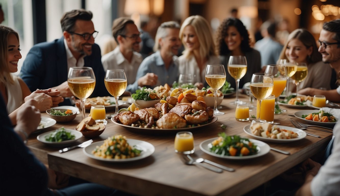 A table set with an array of gourmet dishes, surrounded by adults engaged in lively conversation and laughter Thanksgiving Activities for Adults