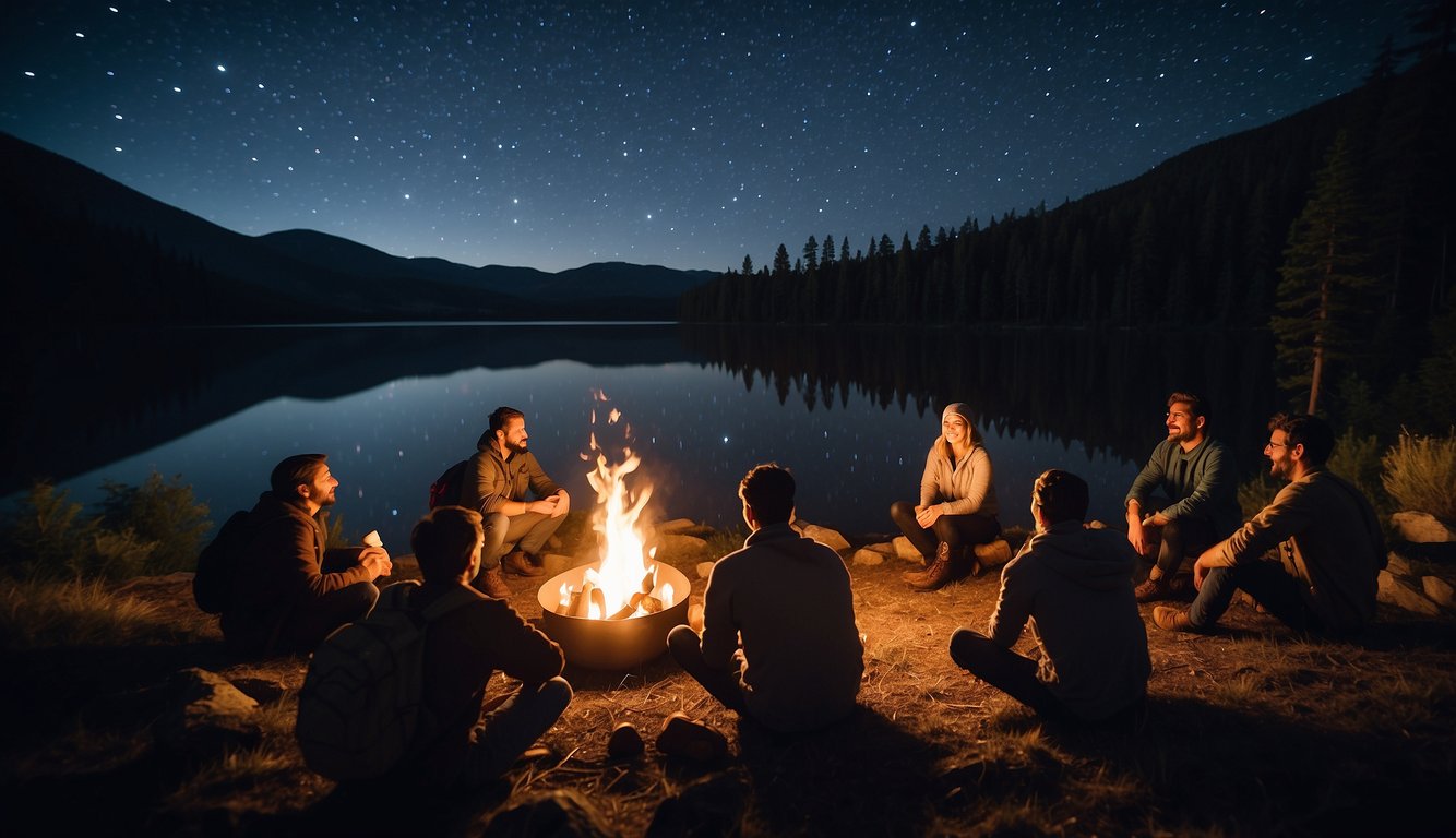 A group of adults gather around a crackling campfire, roasting marshmallows and sharing stories under the starry night sky. Canoes and hiking gear are scattered nearby, ready for the next day's adventure Thanksgiving Activities for Adults