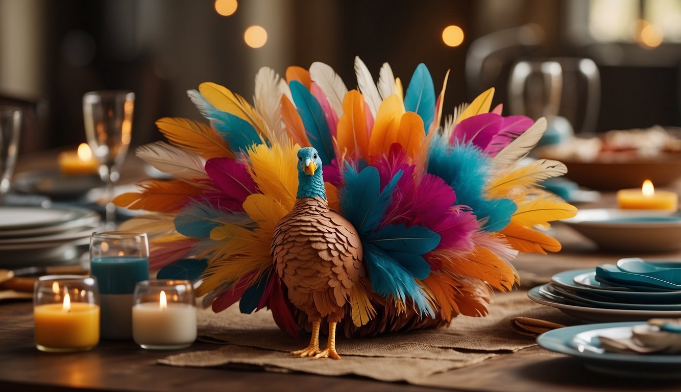 A table set with various art supplies, including paint, brushes, and paper. A finished turkey centerpiece made from colorful construction paper and feathers  Thanksgiving Activities for Adults