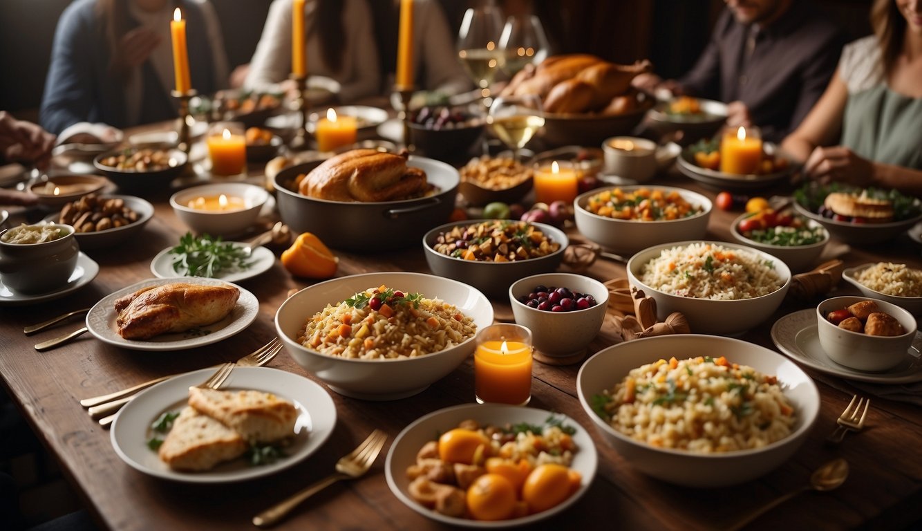 A table set with traditional Thanksgiving dishes, surrounded by adults engaged in cultural and historical activities Thanksgiving Activities for Adults