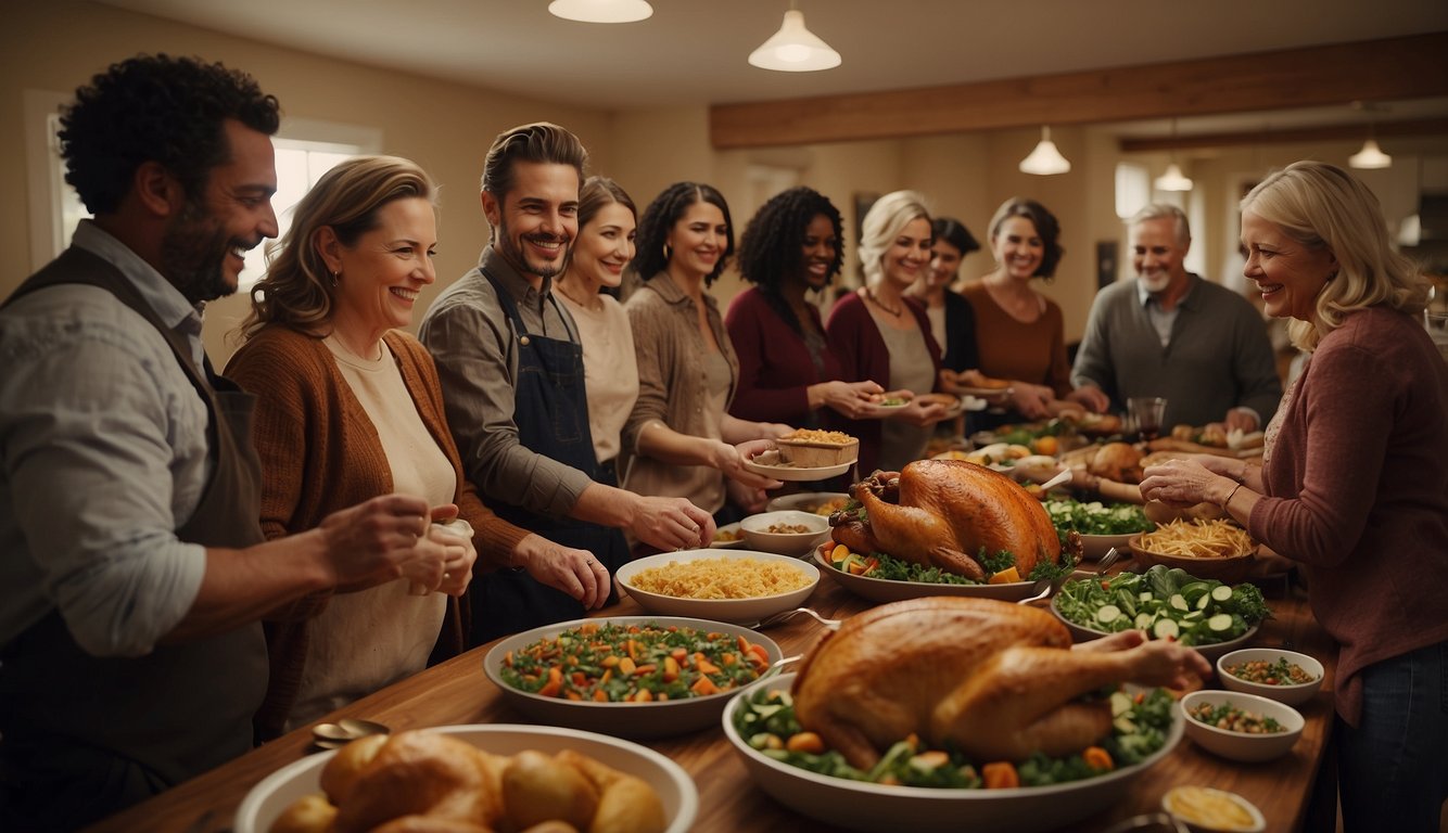 A group of adults gather around a long table, smiling and chatting as they prepare and serve food for a community Thanksgiving meal. Decorations and warm colors create a festive atmosphere Thanksgiving Activities for Adults