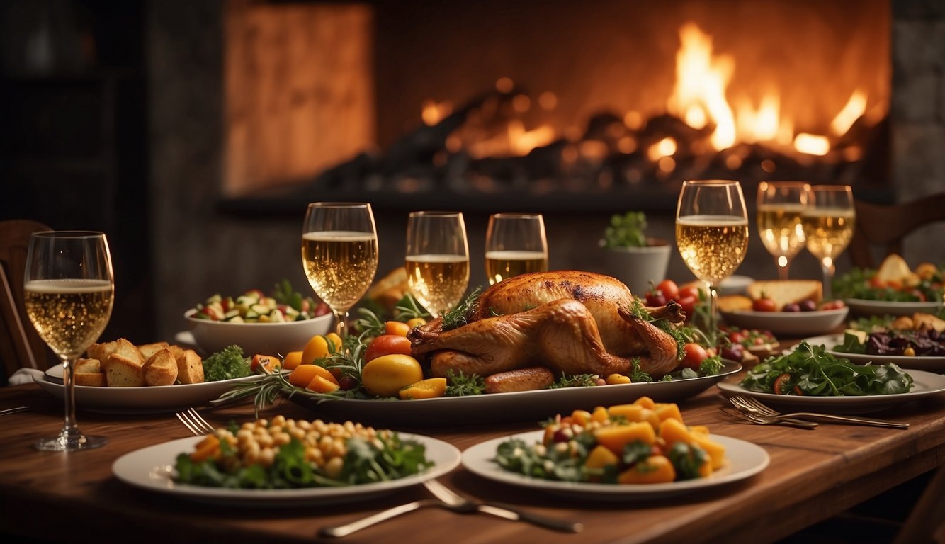 A table set with a bountiful feast, surrounded by adults sharing stories and laughter. A fireplace crackles in the background as the scent of roasting turkey fills the air Thanksgiving Activities for Adults