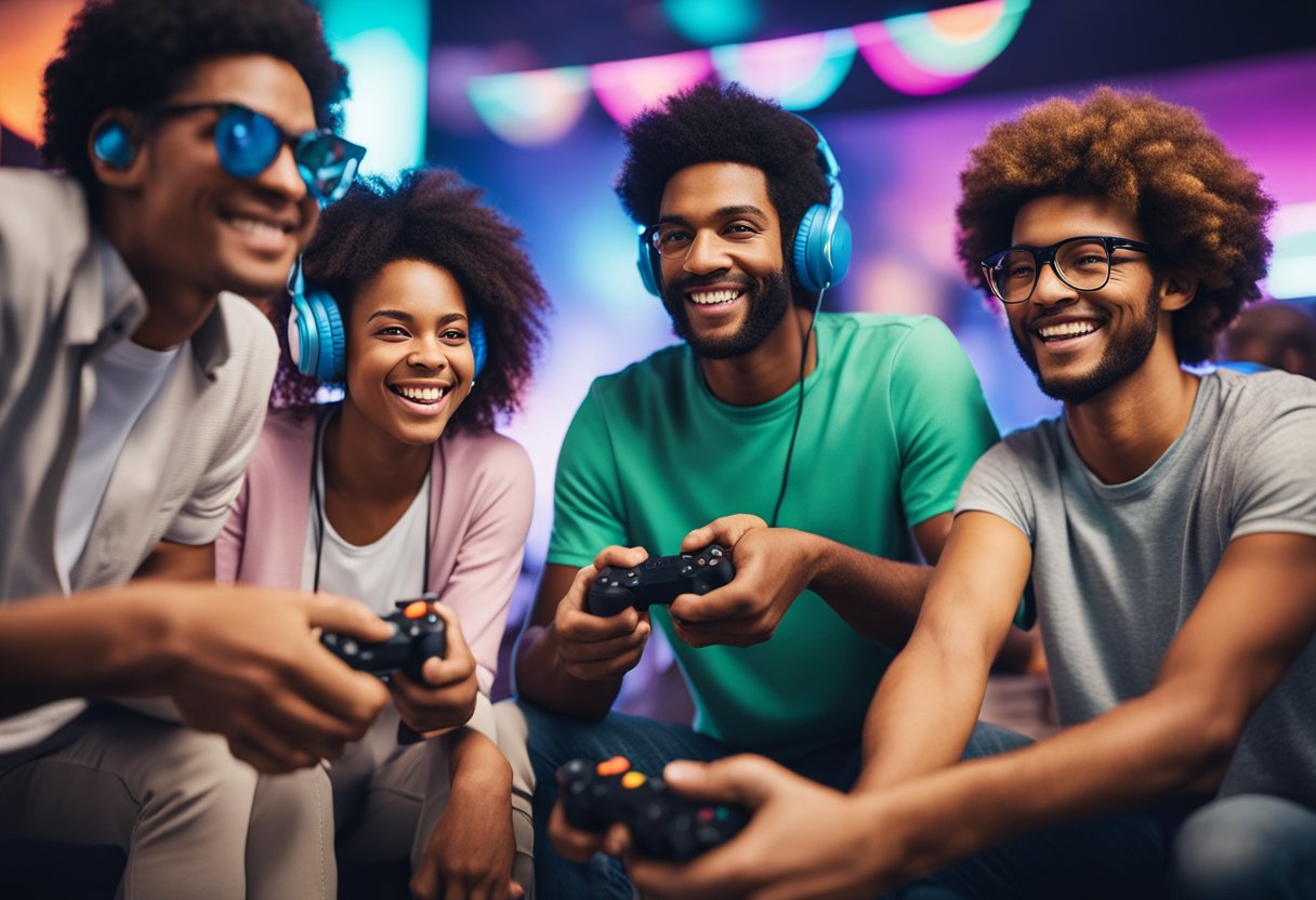 A diverse group of people of all ages playing video games together in a lively and colorful setting. jogos eletrônicos 