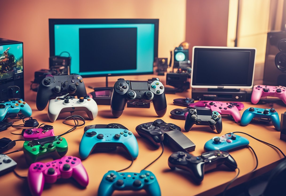 A colorful array of video game consoles and controllers, surrounded by excited players of all ages. Exciting game titles displayed on a screen in the background