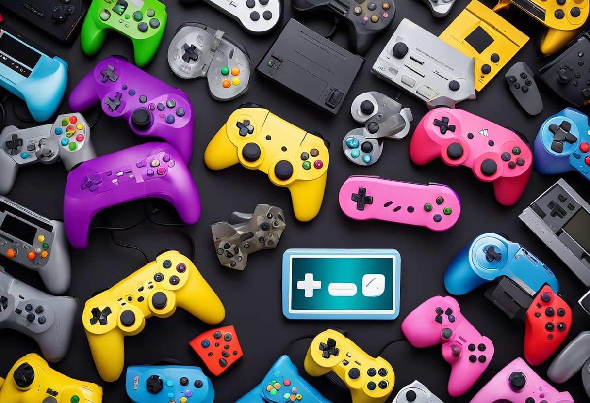 A colorful array of video game consoles and controllers, with a variety of game titles displayed on a screen, appealing to all ages