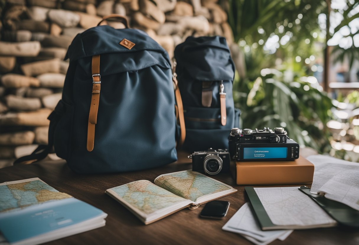 A traveler packs a small backpack with essentials, a map, and a guidebook titled "Guia de Viagem Econômica: Como Viajar com Pouco Dinheiro." They stand in front of a budget-friendly hostel, ready to explore