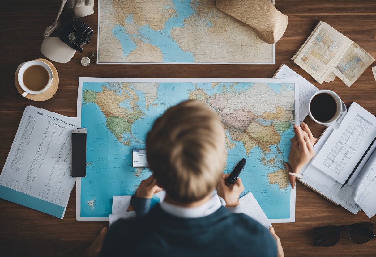 A traveler sits at a desk with a map, budget planner, and guidebook. They carefully plan a budget-friendly trip, choosing destinations and calculating expenses