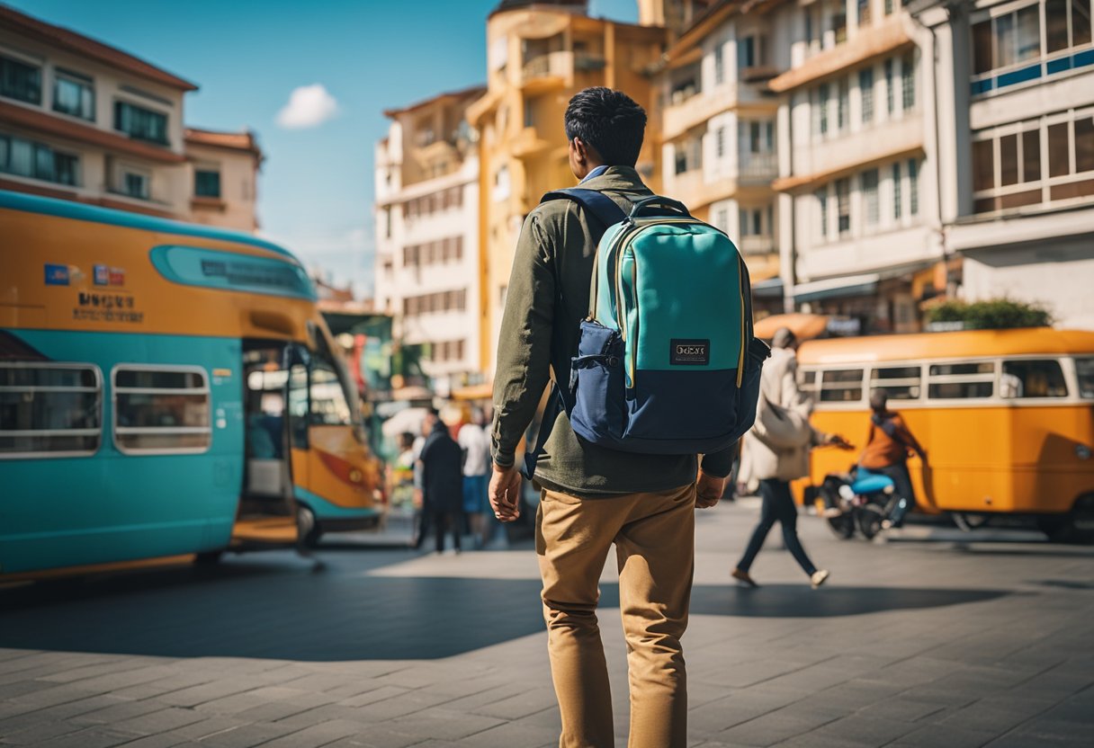 A traveler with a backpack walking towards a budget hotel, passing by a colorful local market and a small bus station in a vibrant, bustling city Viagem Econômica