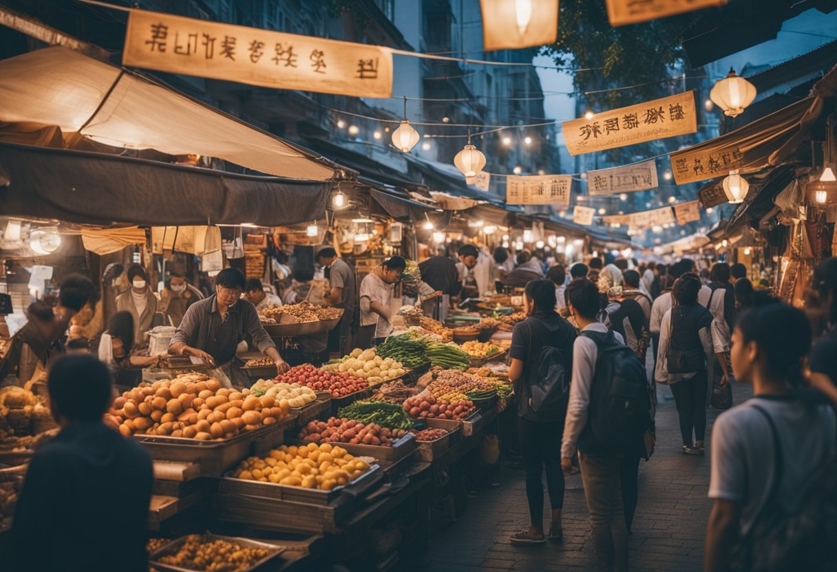 A bustling street market with colorful food stalls and lively performances, all surrounded by budget-friendly travel tips and guides