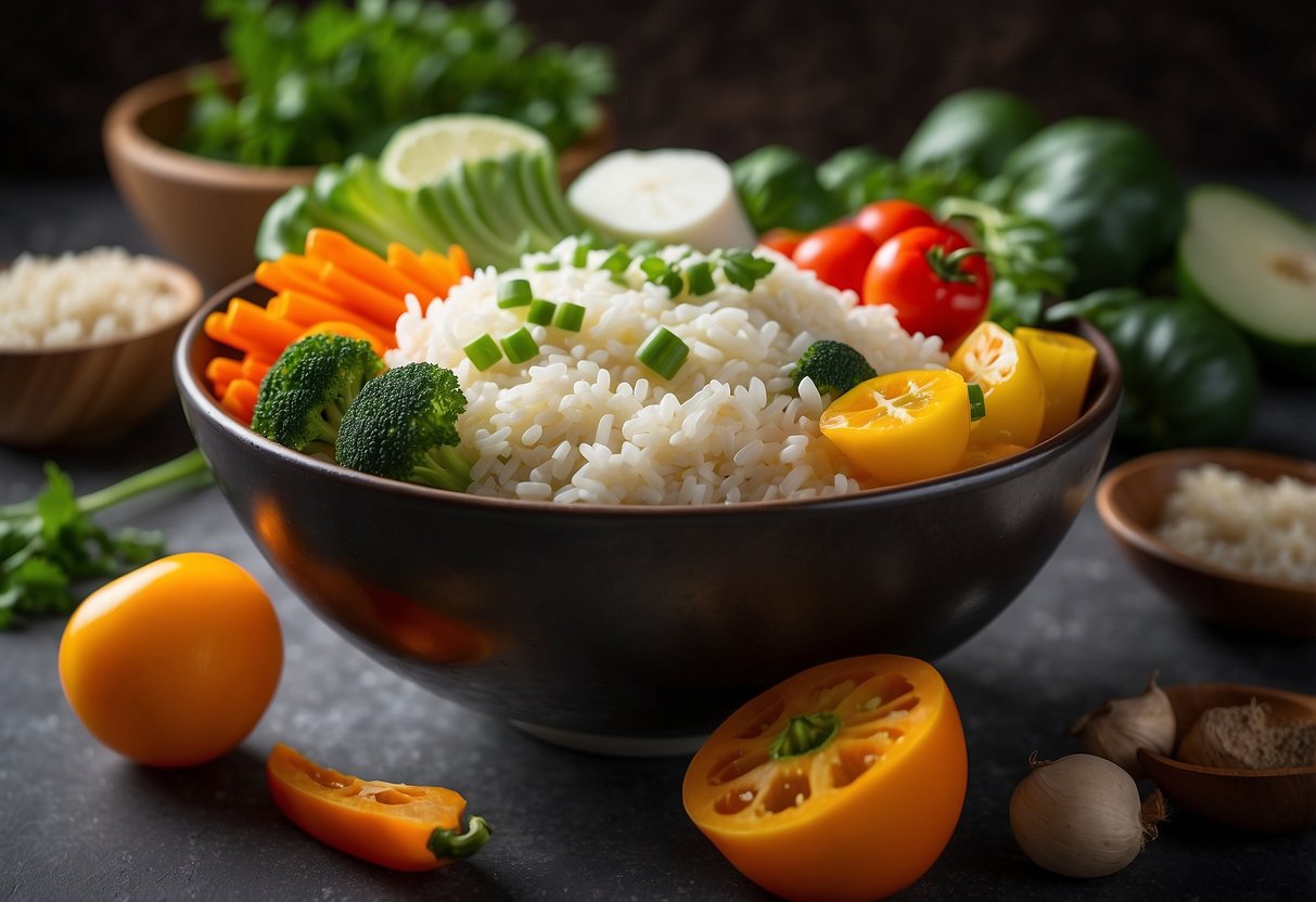 A colorful array of fresh vegetables, tofu, and rice arranged in a bowl. Bright, vibrant colors and a variety of textures create an inviting and appetizing display