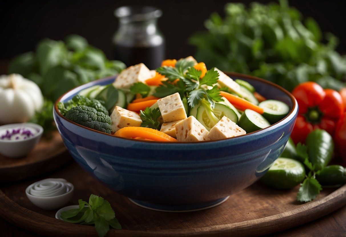 A colorful array of fresh vegetables, tofu, and aromatic herbs arranged in a vibrant bowl, showcasing the essence of Thai cuisine