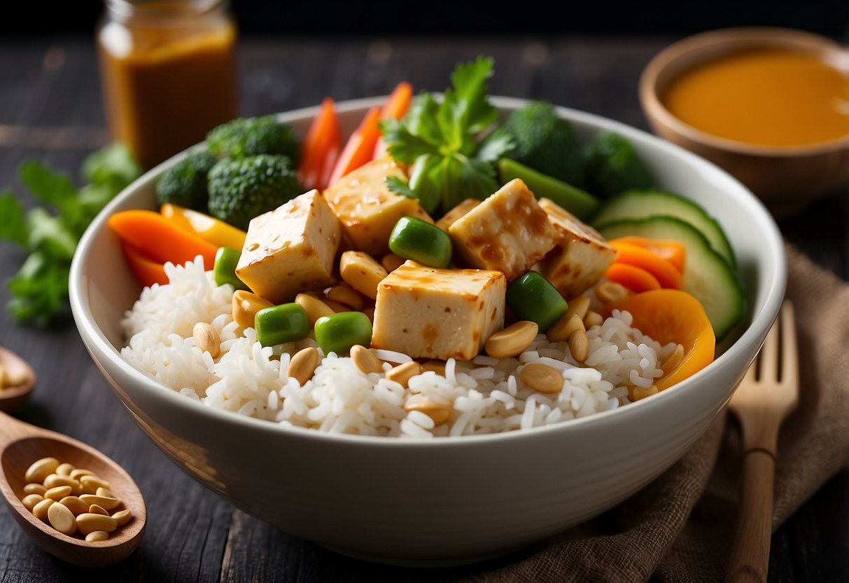 A colorful array of fresh vegetables, tofu, and rice arranged in a bowl, drizzled with a savory Thai peanut sauce