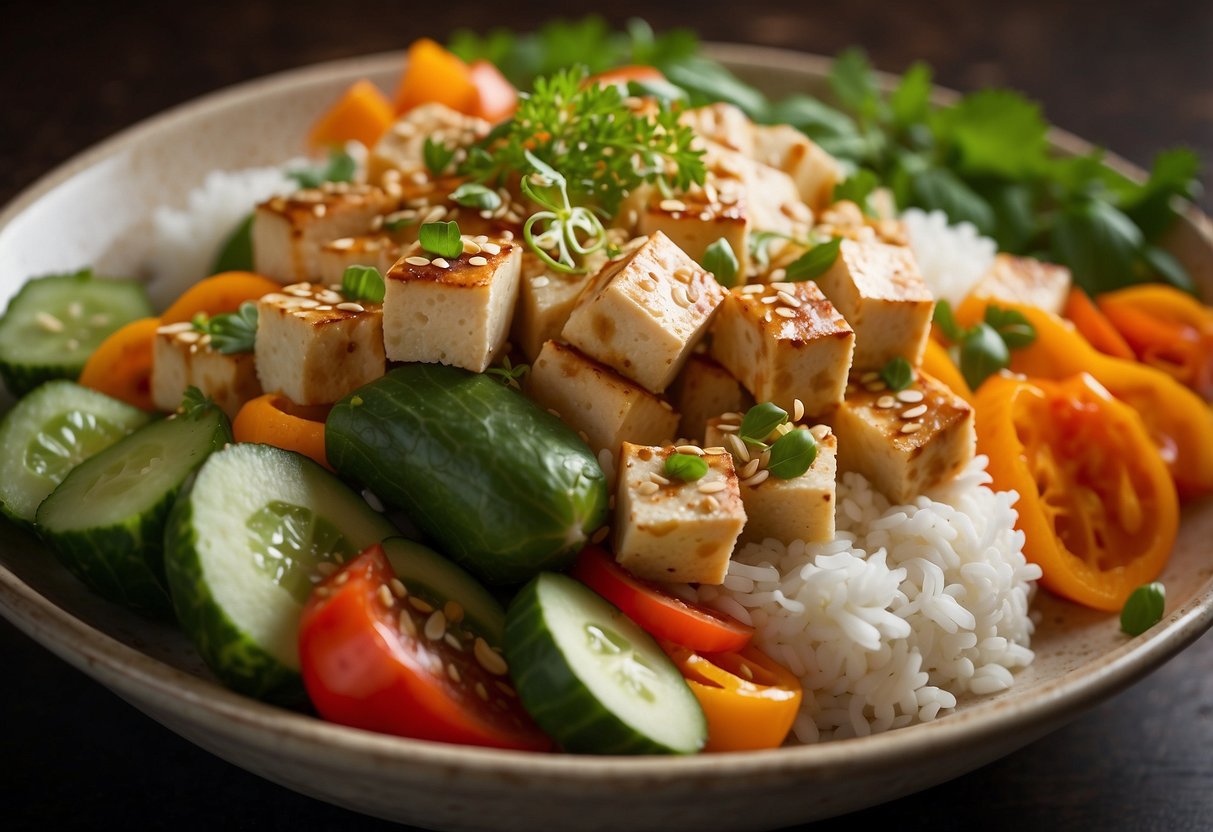 A colorful array of fresh vegetables, tofu, and rice arranged in a vibrant bowl, drizzled with a flavorful Thai sauce and garnished with sesame seeds and fresh herbs