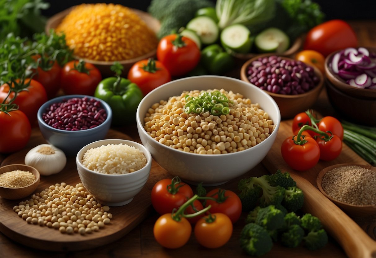 A wooden table with a variety of colorful vegetables, tofu, and grains arranged in separate bowls. A bottle of dressing sits nearby