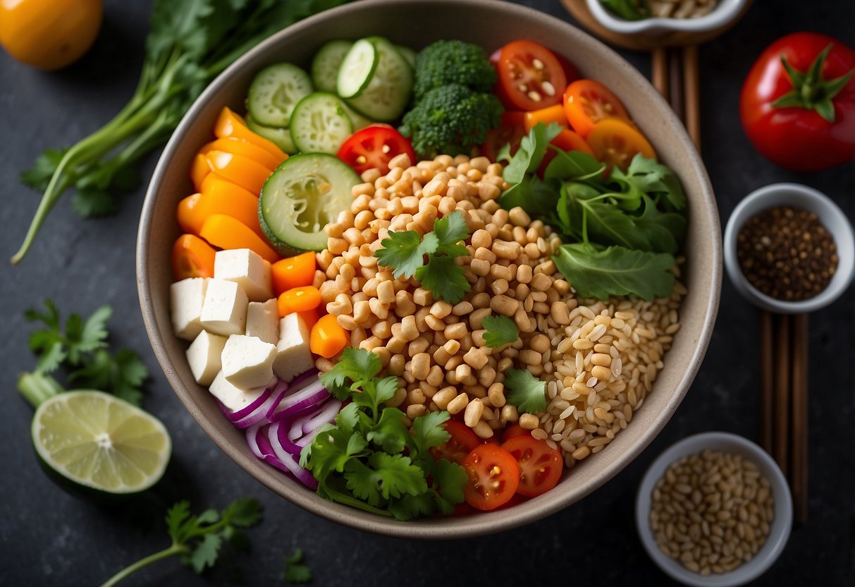 A colorful array of fresh vegetables, tofu, and grains arranged in a large bowl, drizzled with a vibrant and flavorful Thai sauce