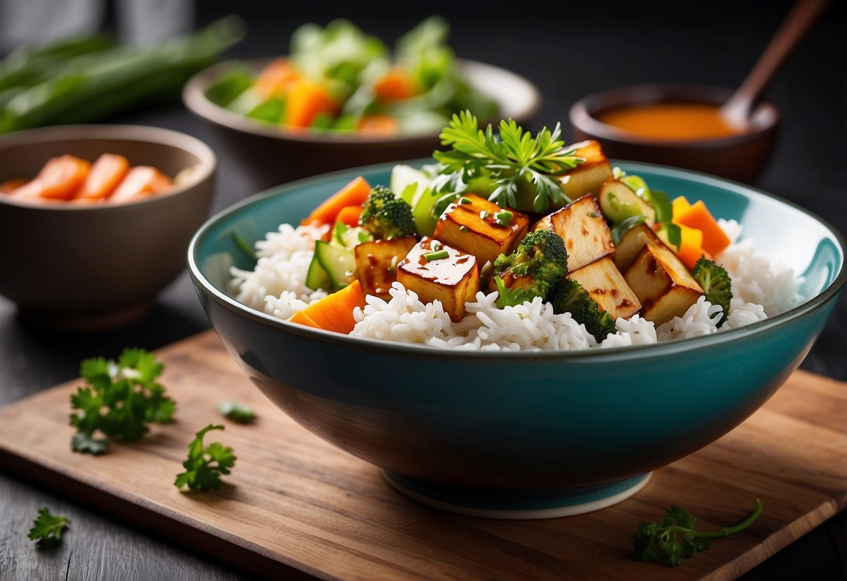 A colorful bowl filled with vibrant vegetables, tofu, and rice, drizzled with a savory Korean sauce, set against a clean, modern backdrop