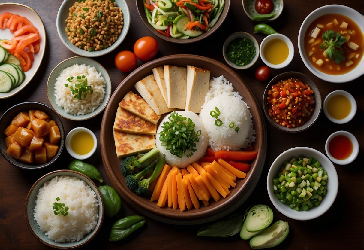 A table set with a colorful array of fresh vegetables, tofu, and rice, surrounded by traditional Korean condiments and sauces