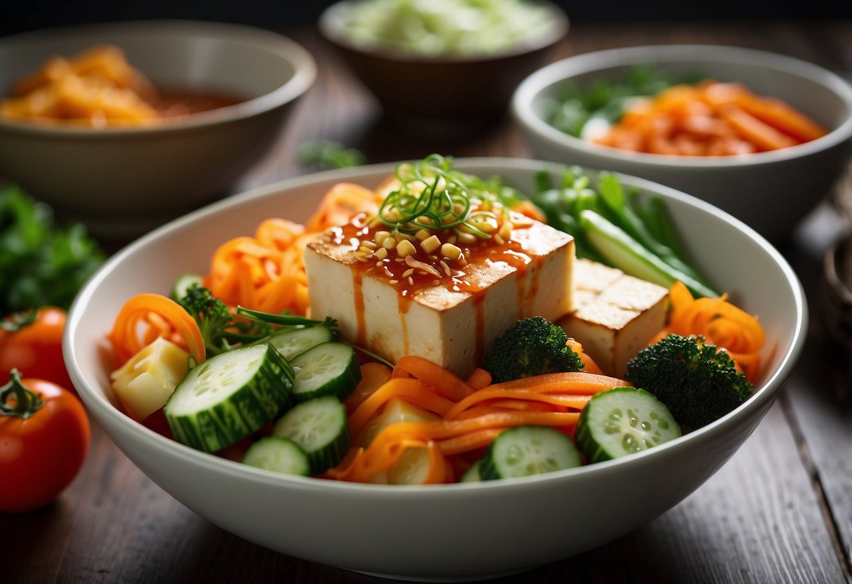 A colorful array of fresh vegetables, tofu, and kimchi arranged in a bowl, with a drizzle of spicy gochujang sauce on top