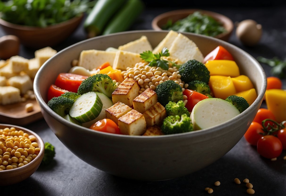 A colorful array of fresh vegetables, tofu, and grains arranged in a bowl. A variety of cooking methods are visible, including steaming, grilling, and sautéing