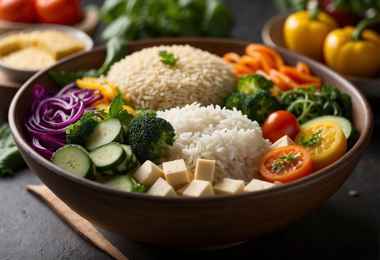 A colorful array of fresh vegetables, tofu, and rice arranged in a bowl. Vibrant colors and textures showcase the variety of nutrient-rich ingredients