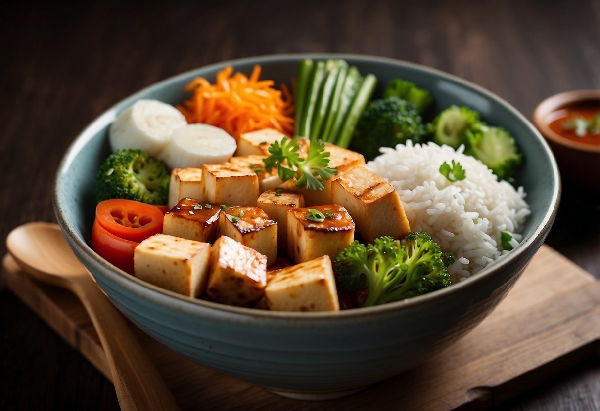 A colorful array of fresh vegetables, tofu, and rice arranged in a ceramic bowl, with a side of spicy gochujang sauce