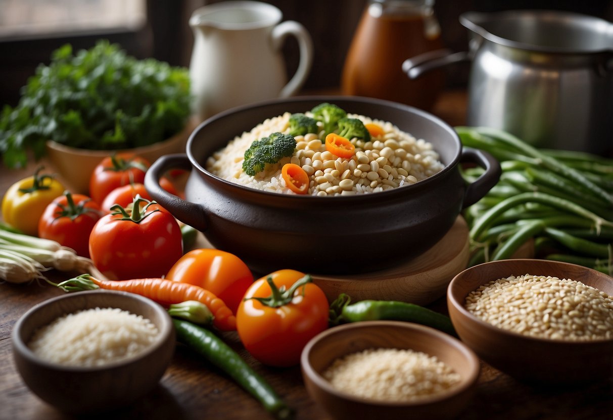 A colorful array of fresh vegetables, tofu, and grains arranged in a bowl. A steaming pot of brown rice sits next to a collection of reusable kitchen utensils