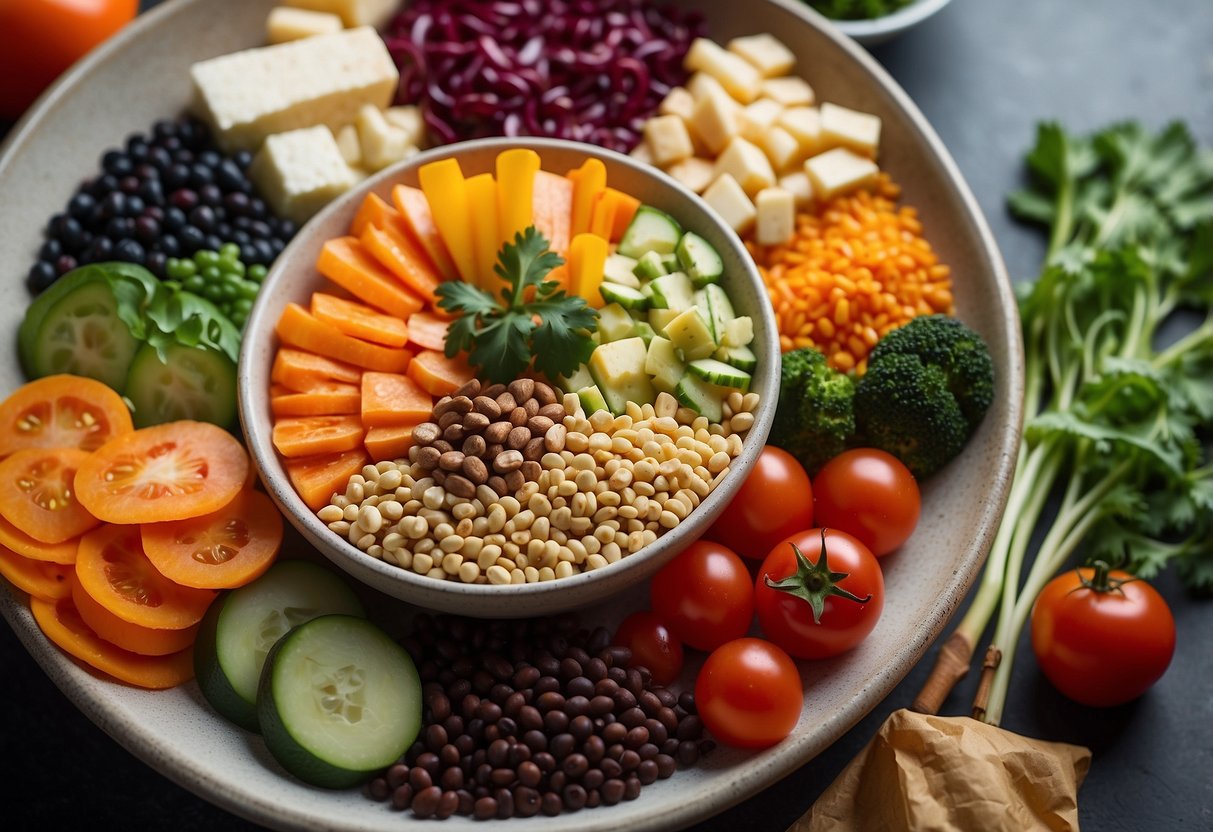 A colorful array of fresh vegetables, tofu, and grains arranged in a circular pattern in a large bowl, with vibrant sauces drizzled on top