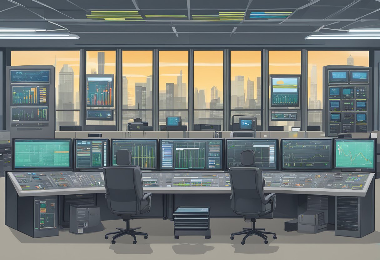 A control room with screens displaying various equipment data and maintenance metrics