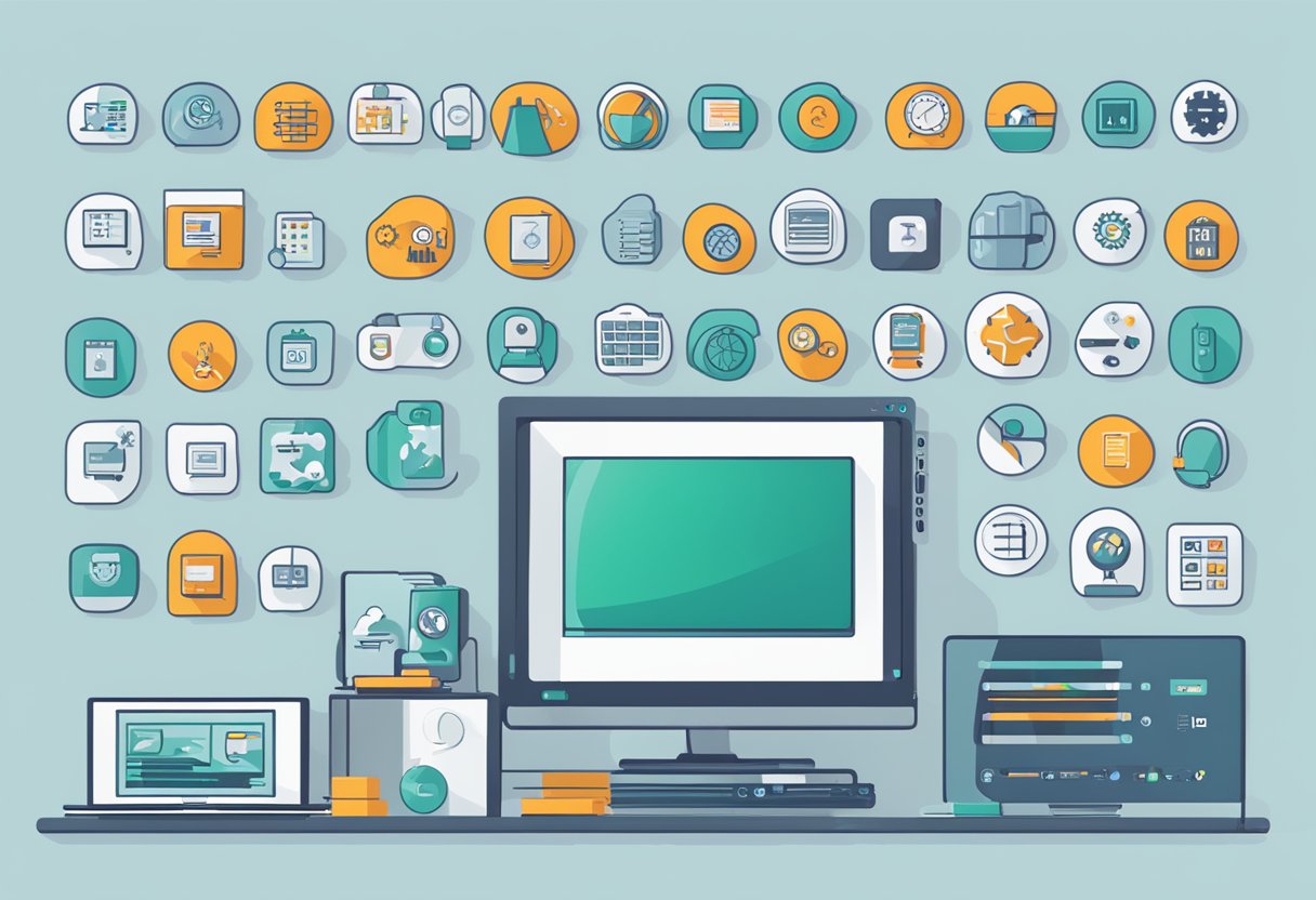 A computer displaying various maintenance management system icons and metrics, such as CMMS, AI, MTBF, MTTR, PMC, OEE, PMP, MBL, and MCRAV