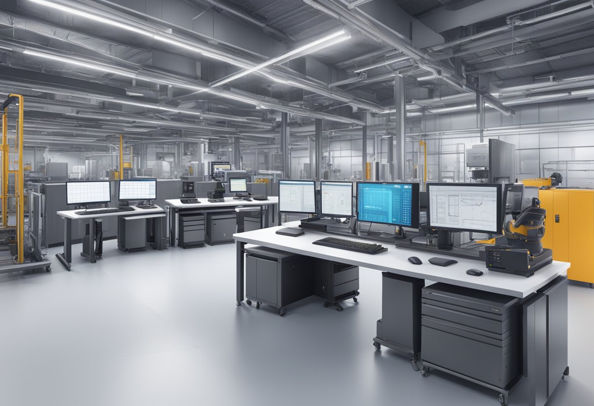 A modern industrial setting with CMMS, AI, and various performance metrics displayed on screens and equipment