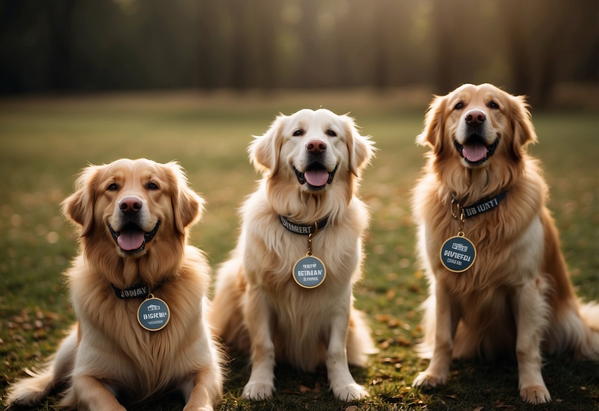 Ten golden retrievers playfully pose with name tags