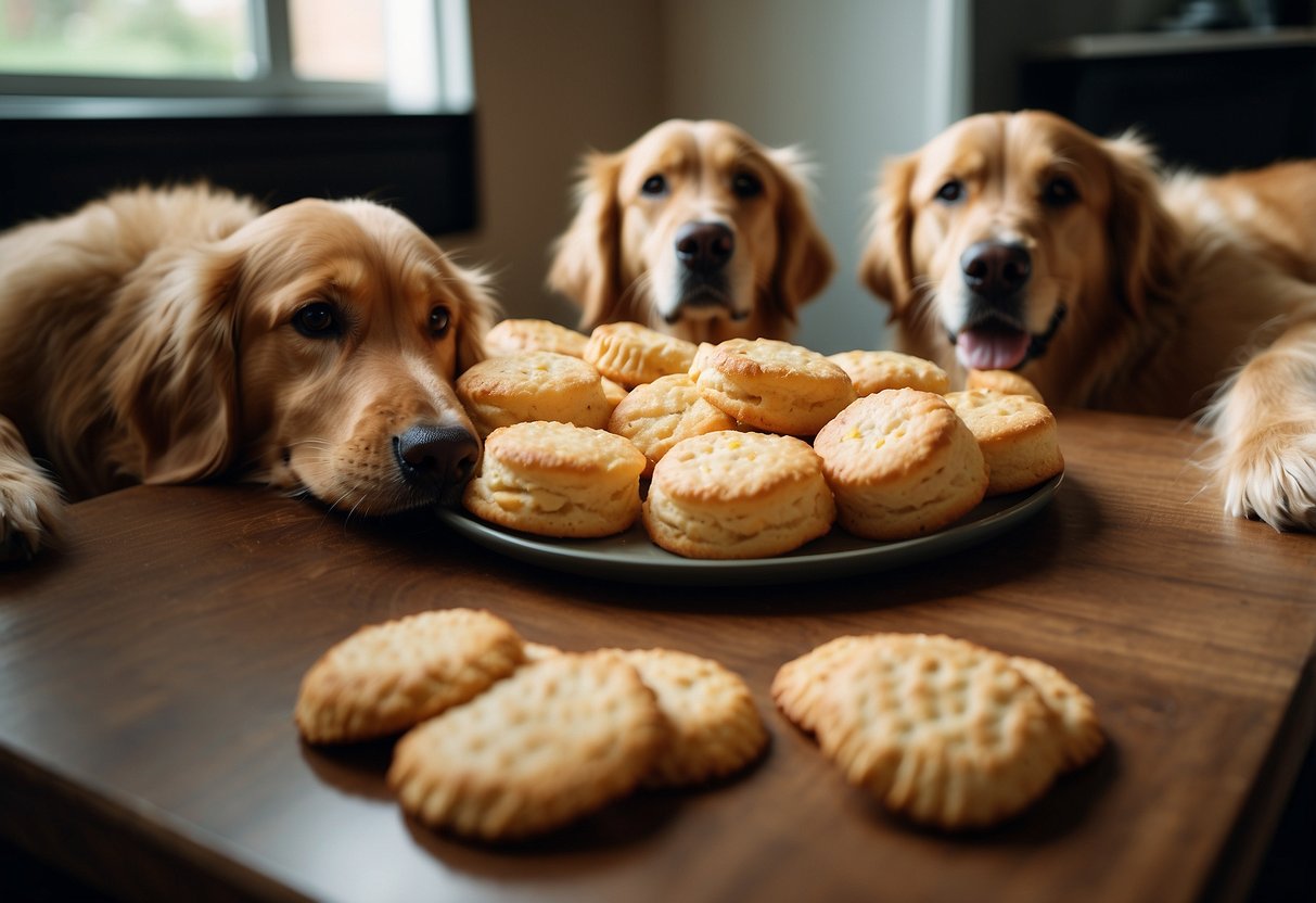 A group of 10 golden retrievers gather around a plate of cheddar biscuits, eagerly wagging their tails and playfully vying for a taste