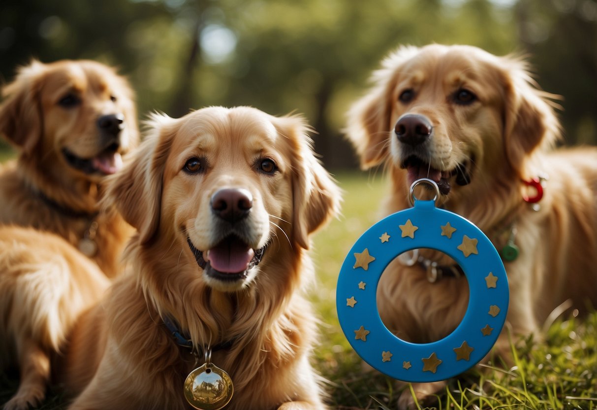 Ten golden retrievers playing with toys, each with a unique name tag