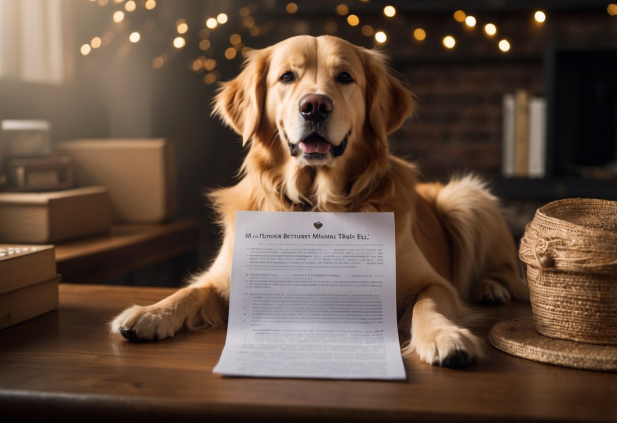 A golden retriever, Mr. Fluffernutter, sits with a list of 10 funny names in front of him, looking mischievous with a wagging tail