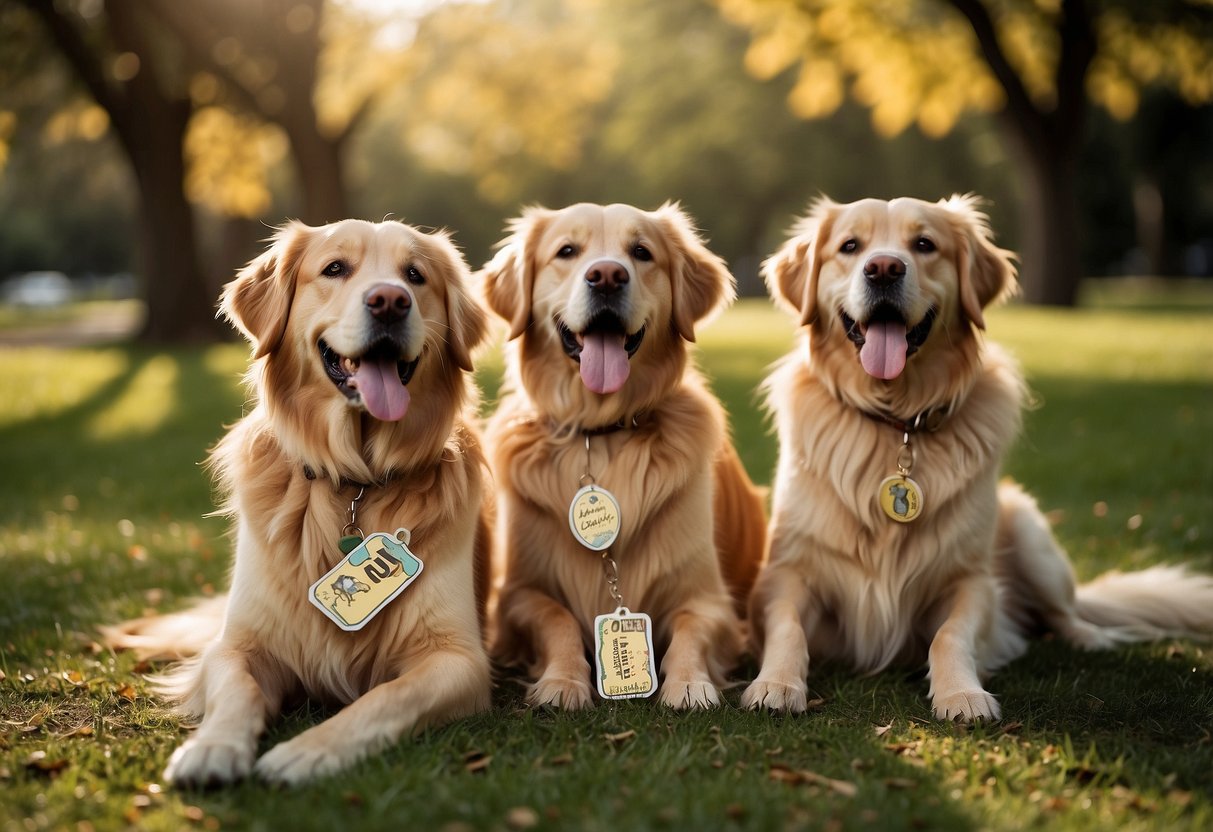 A group of 10 golden retrievers with humorous name tags playfully interact in a park setting, with one dog named "Zoomie McZoomface" standing out