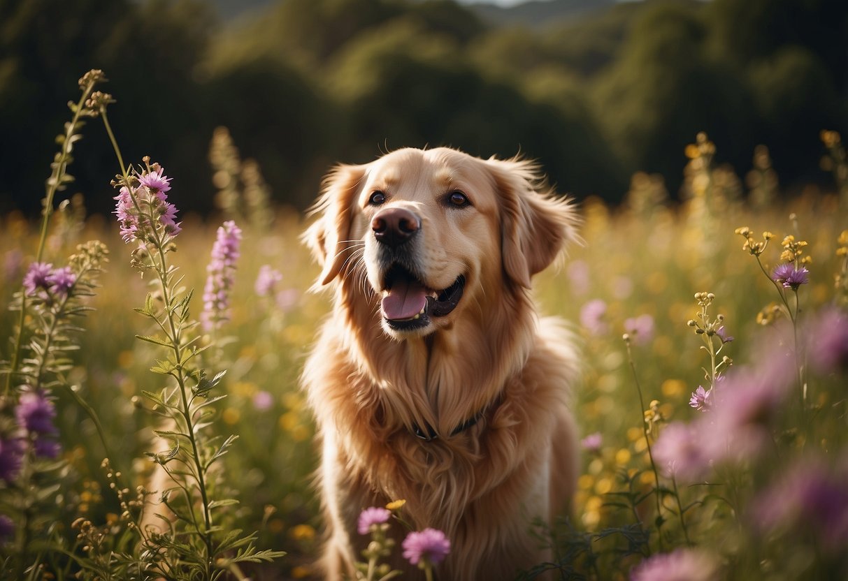 Peanut Wigglesworth, a playful golden retriever, wags his tail and bounces in a field of wildflowers