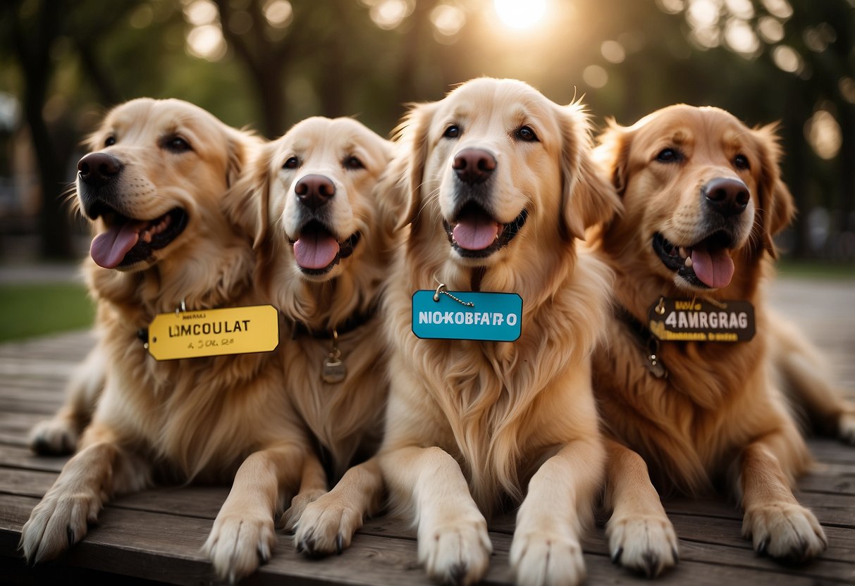 A group of golden retrievers playfully interact, each with a nametag displaying funny names like "Biscuit" and "Woofgang."