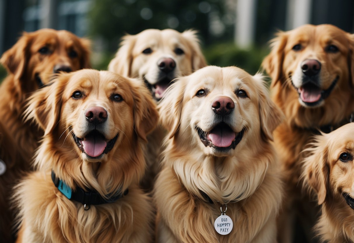 A group of playful golden retrievers with funny name tags, wagging tails, and happy expressions