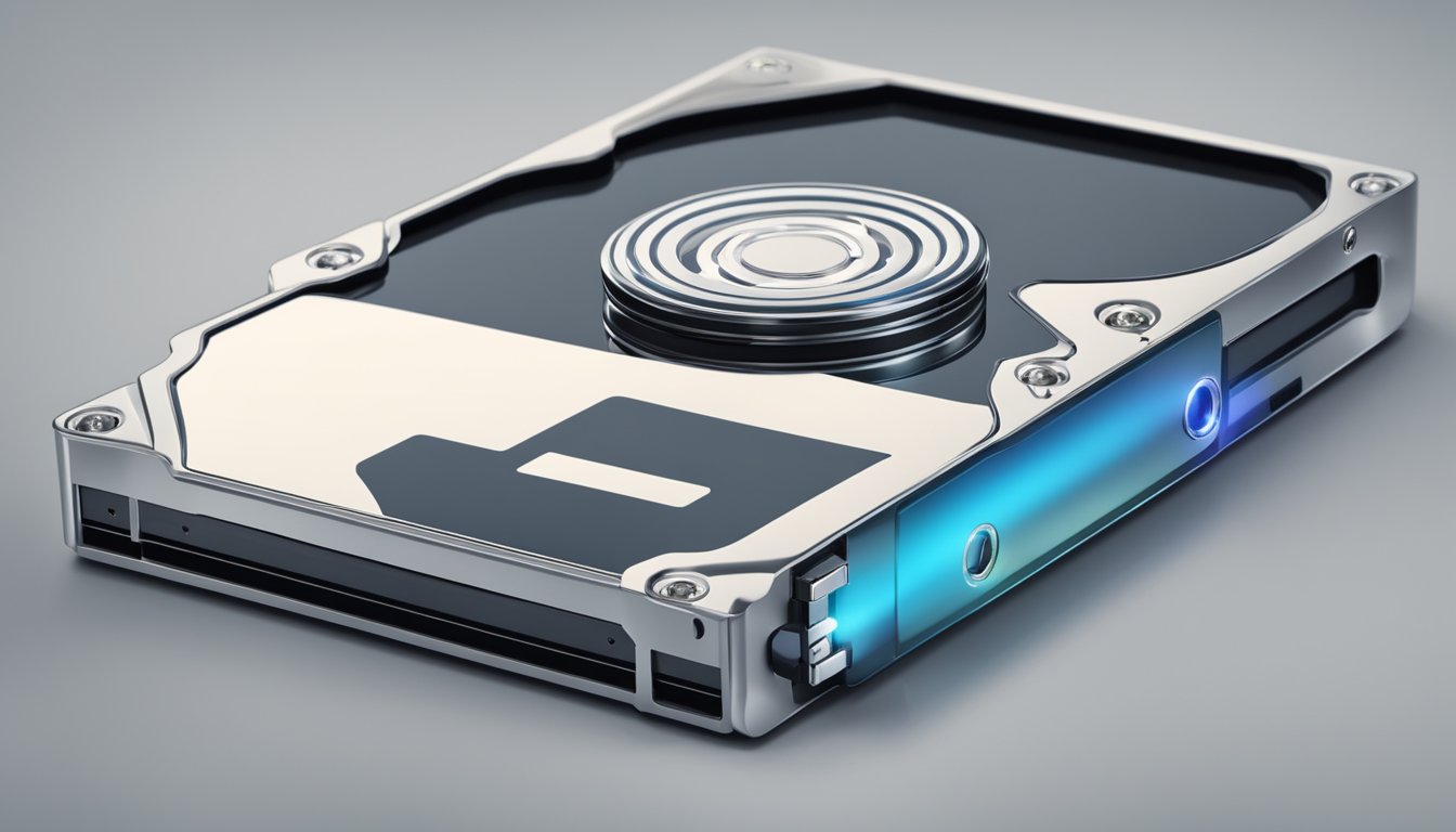 An external hard drive connected to a computer, with a lock and shield symbolizing security. Digital files being transferred onto the hard drive