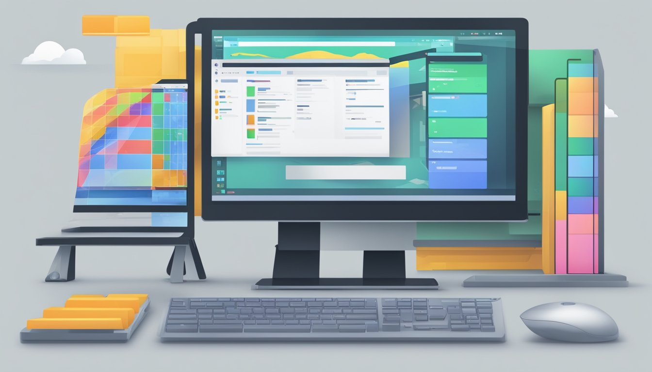 A computer screen split in half, one side showing free software with limited features, the other side displaying paid software with advanced tools. A scale underneath symbolizing the decision-making process