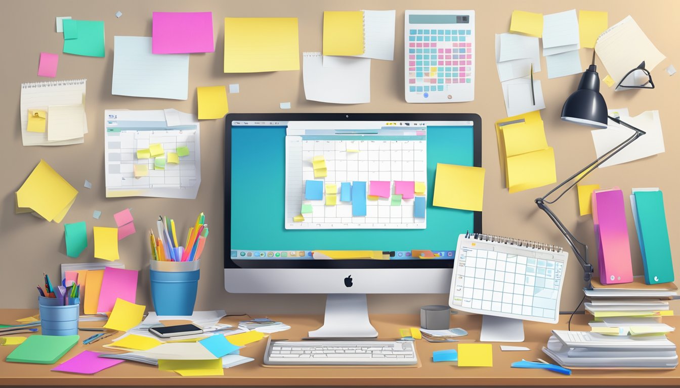 A cluttered desk with scattered papers and office supplies. A computer screen displaying various productivity tools. A calendar with colorful sticky notes