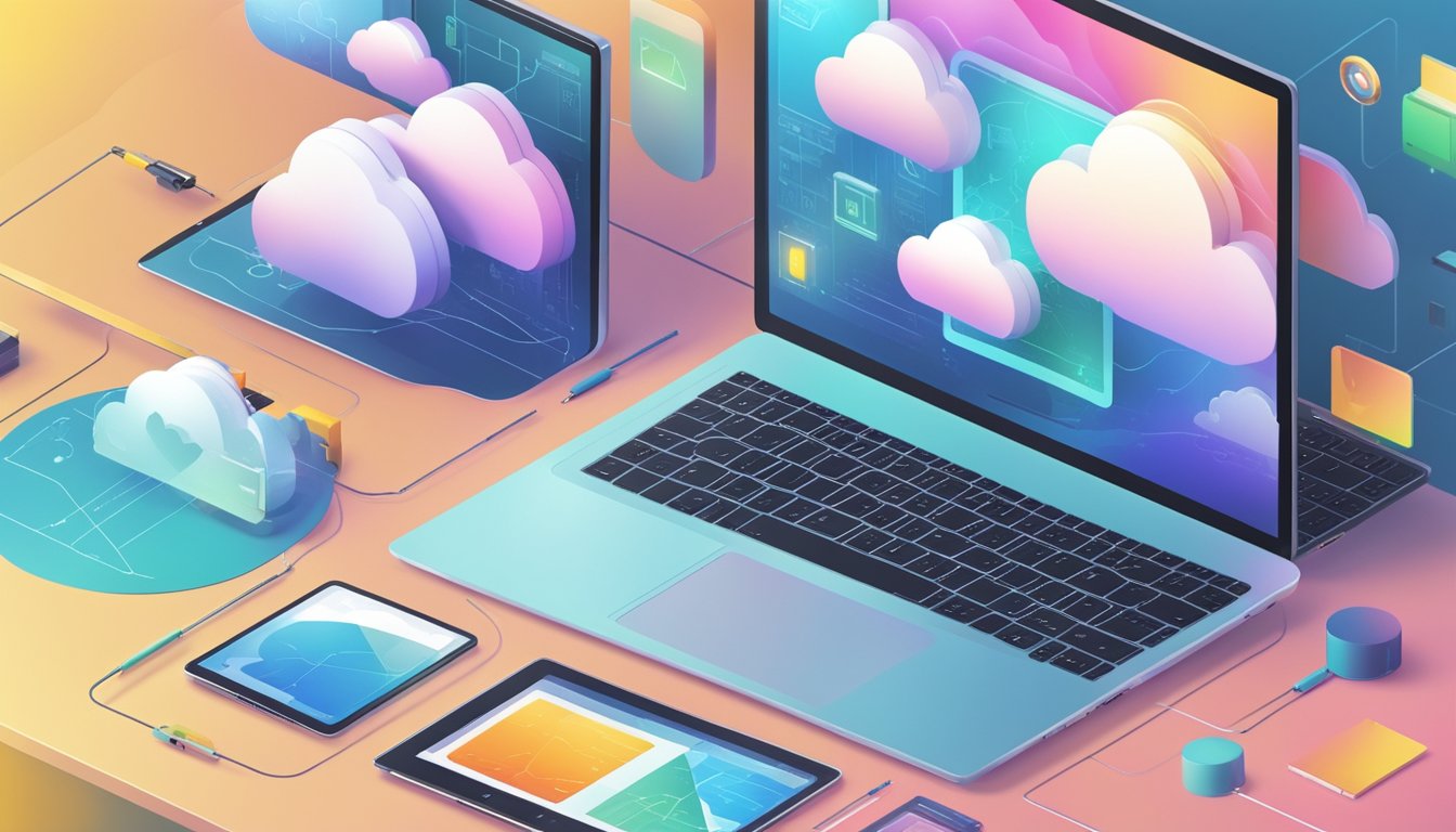 A laptop with various productivity tools open on the screen, surrounded by clouds and a digital interface, representing the Cloud Era