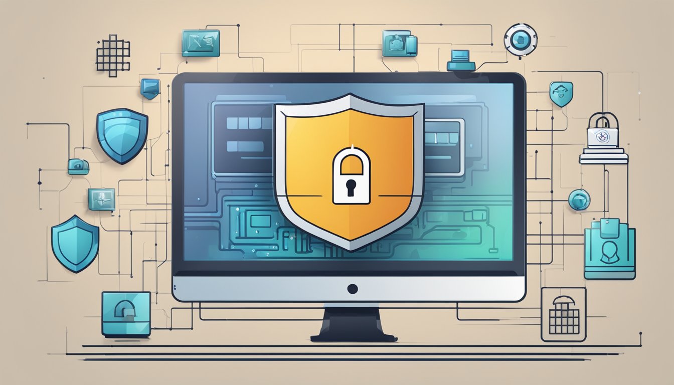 A computer with a lock icon on the screen, surrounded by a shield, firewall, and encryption symbols