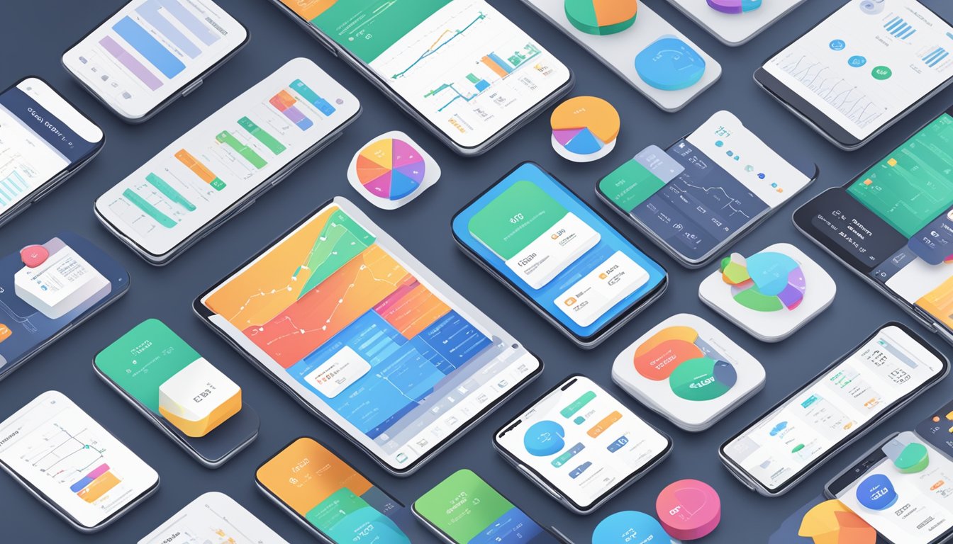 Various budgeting app icons displayed side by side, with "Free" and "Paid" labels. Graphs and charts showing financial data in the background