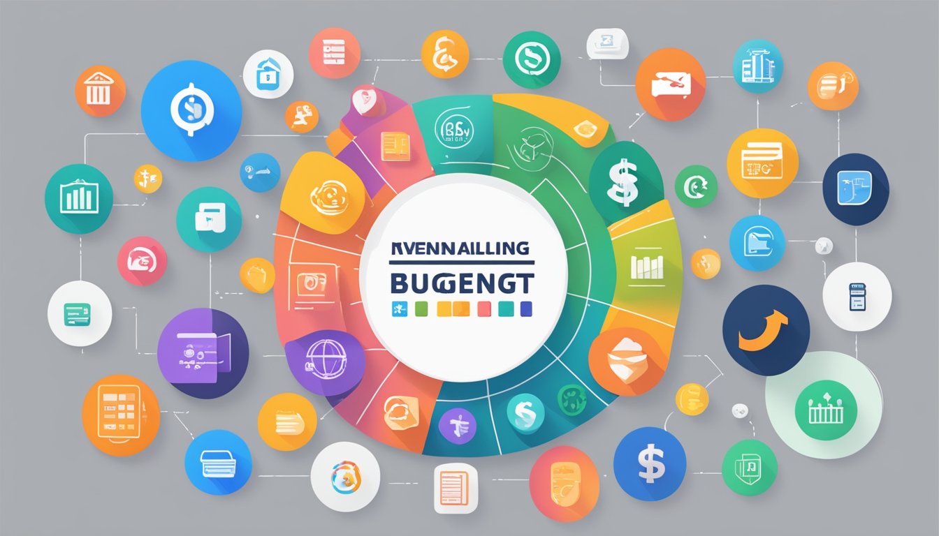 Various financial account logos merging into a single interface, surrounded by icons of budgeting apps