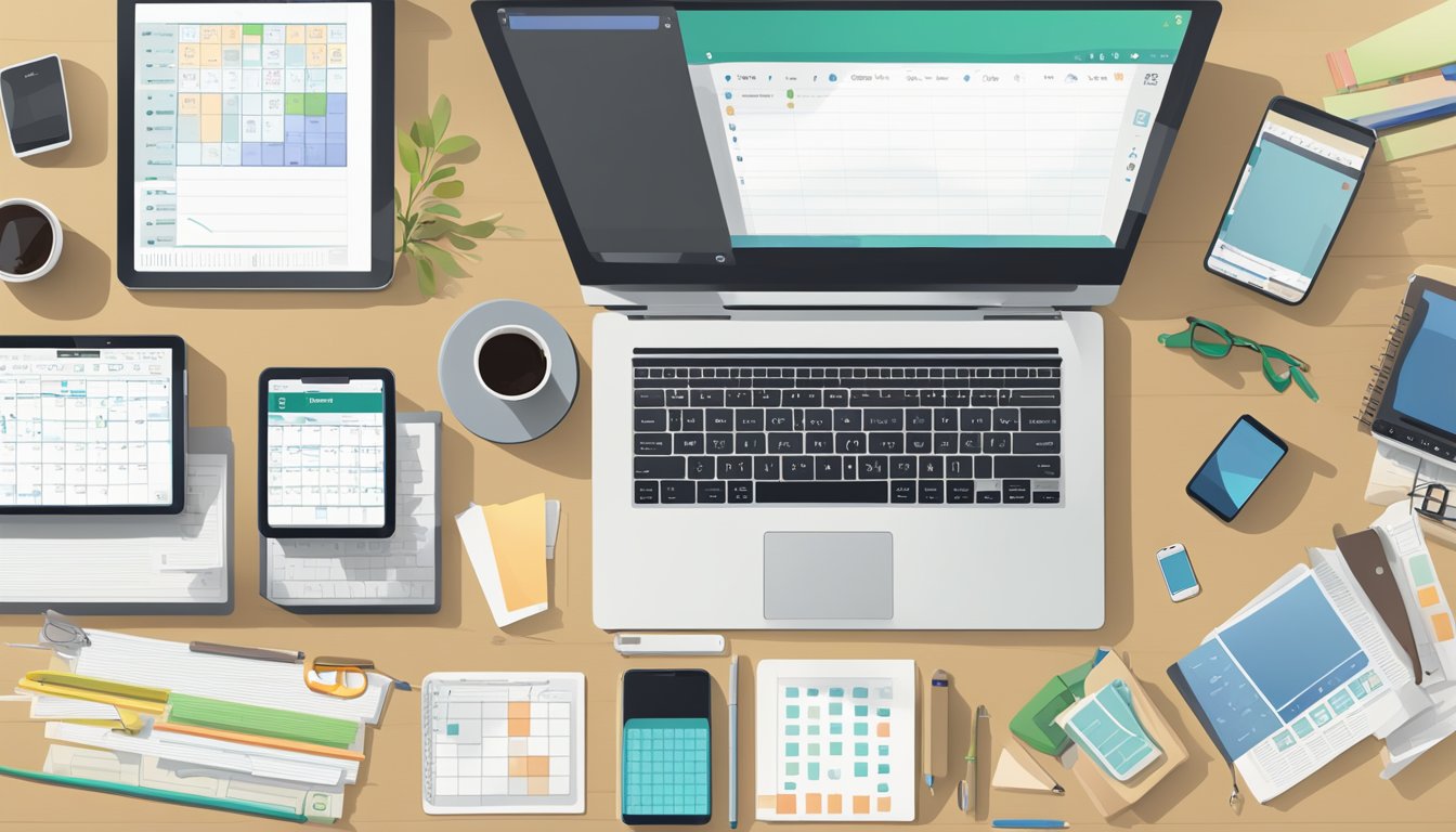 A cluttered desk with a laptop, smartphone, and tablet, all displaying different productivity apps. A calendar and to-do list are visible, showcasing organization and efficiency for remote work