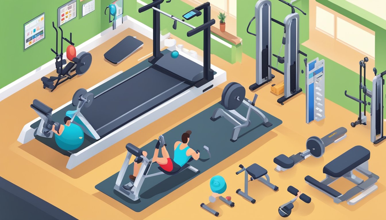 A gym with various workout equipment, from treadmills to weights, catering to different fitness levels. A smartphone displaying health and fitness apps is placed on a bench